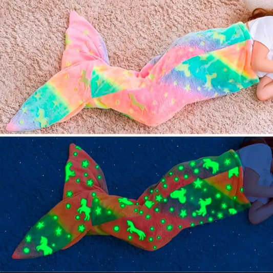 Mermaid Starry Night Light Sleeping Bag, Flannel Light-up Blanket, Rainbow Mermaid Blanket