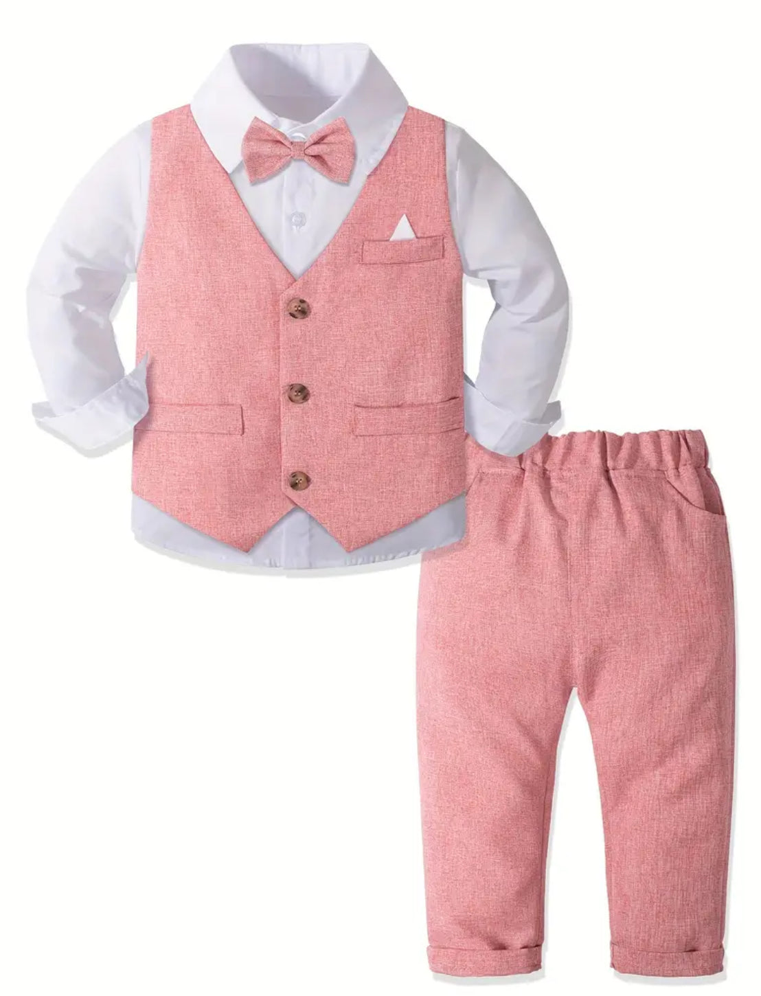 Spring Colors, 4pcs Boy's Gentleman Outfit, Bowtie & Shirt & Vest & Pants Set