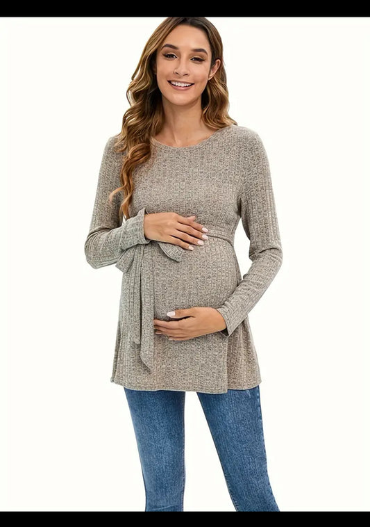 Women's Maternity Solid Textured T-shirt Knit Waist Belt Tops, Pregnant Women's Clothing