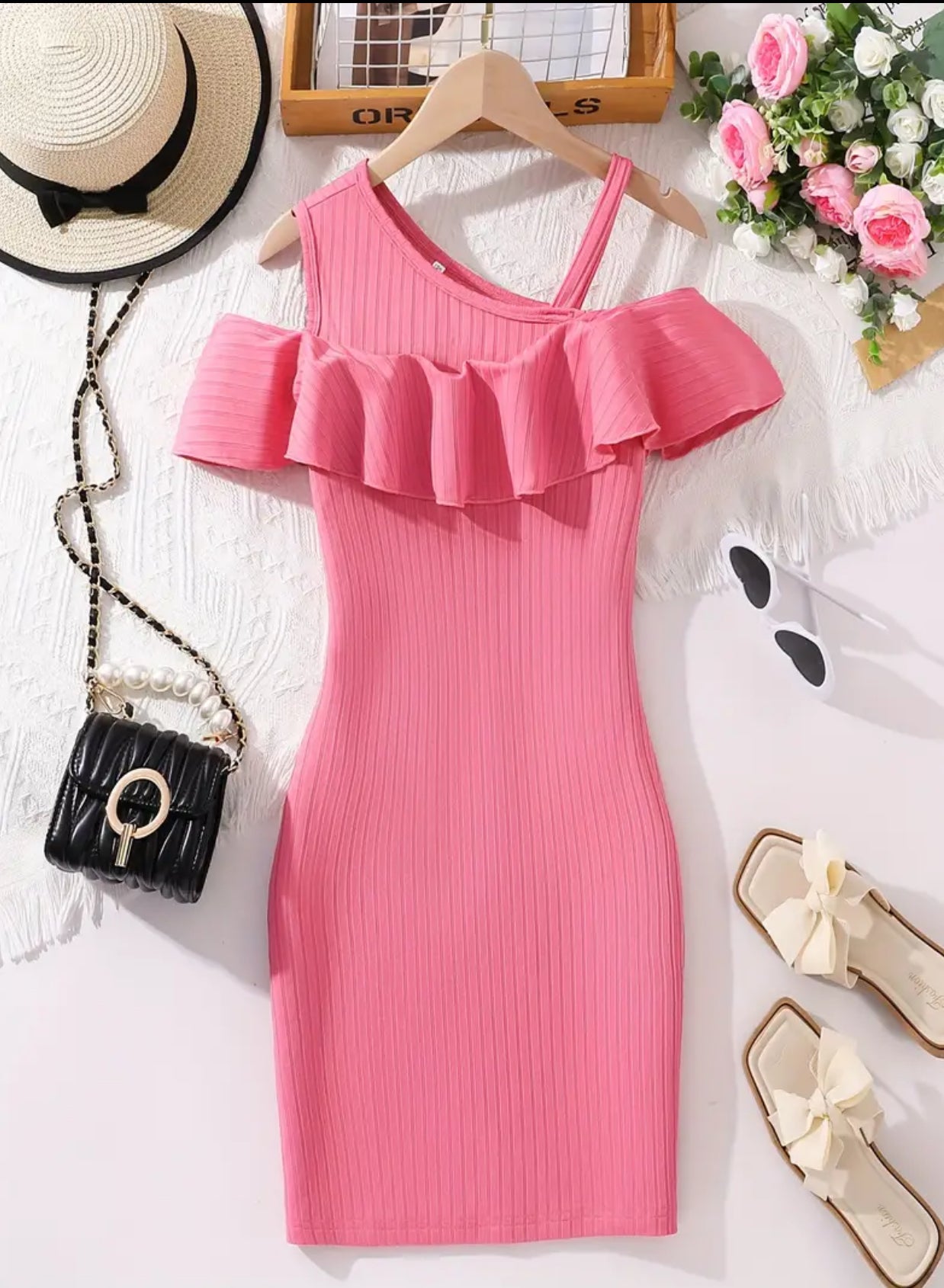 Teens, Vintage Ruffle Trim Rib-knit Bodycon Dress With Asymmetric Shoulder