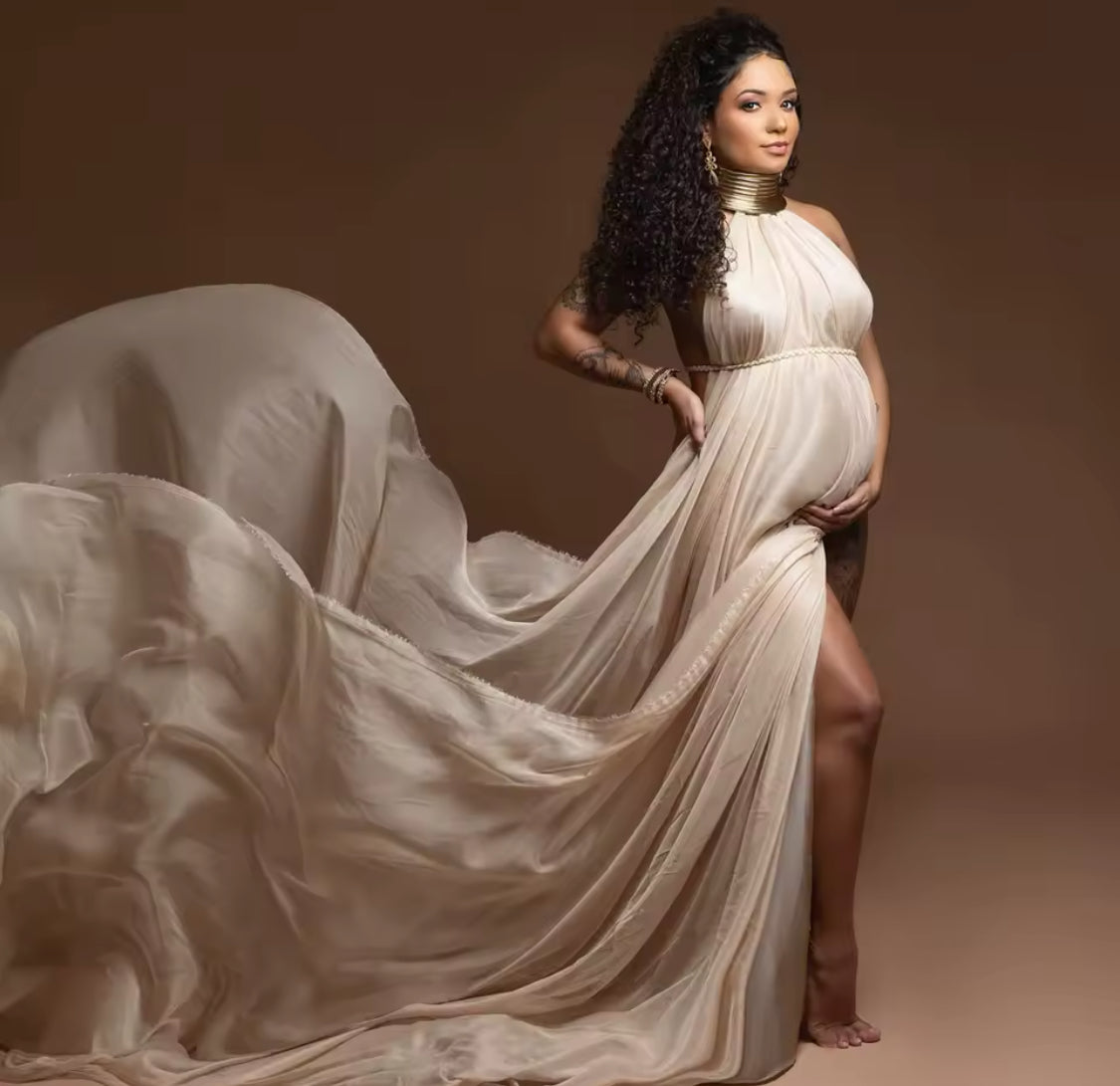 Maternity Photography Elegant White Long Dresses & Gold Leather Accessories