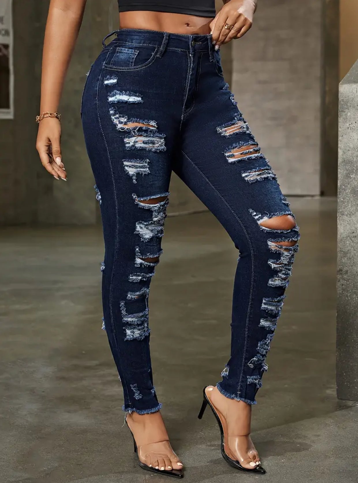 1XL-4XL, Posh Plus 💋 Skinny Fit Ripped Raw Hem, Blue Washed, Women's Denim Jeans