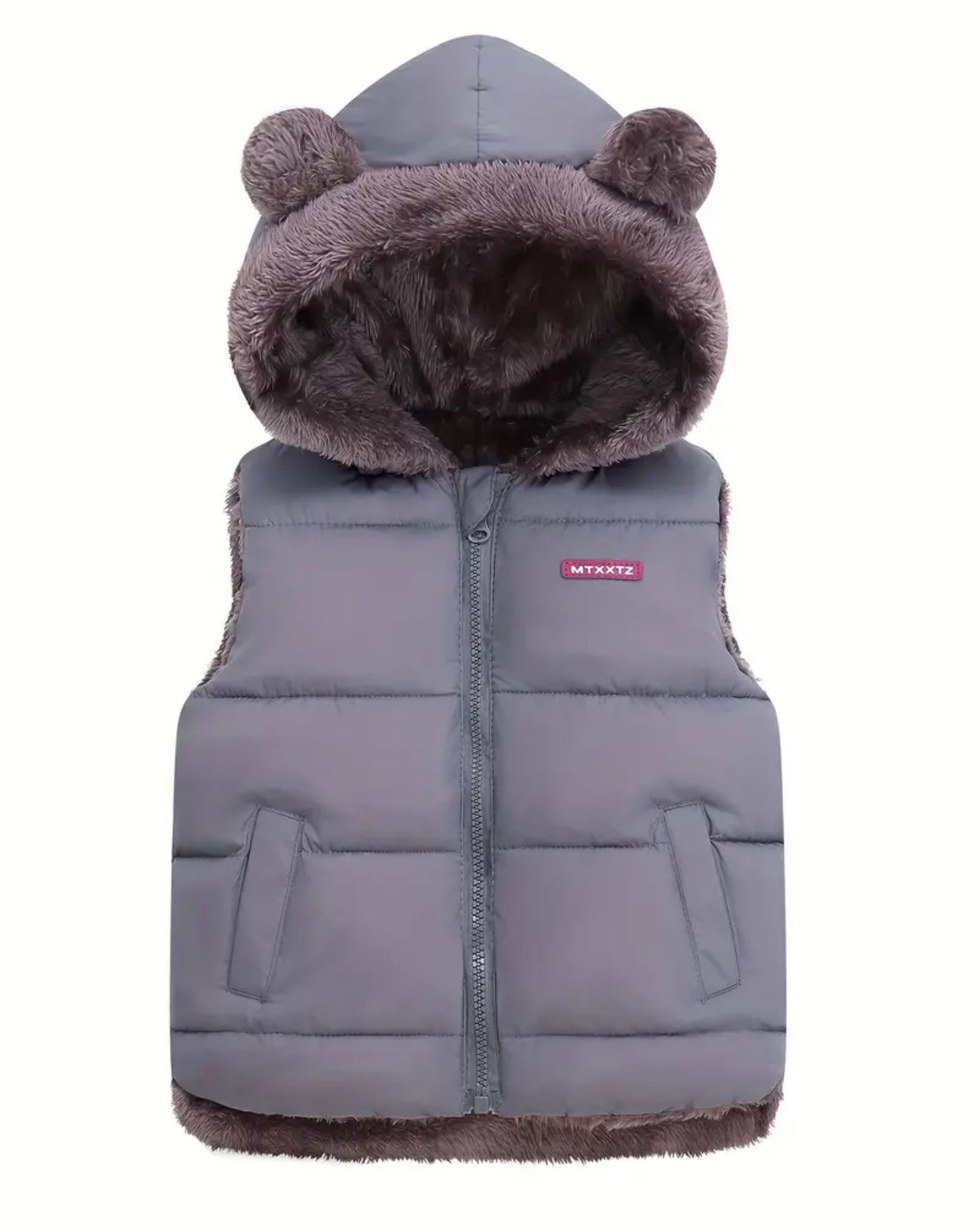 Cute Ears Hooded Vest Coat, Thick Plush Lined Sleeveless Casual Padded For Winter