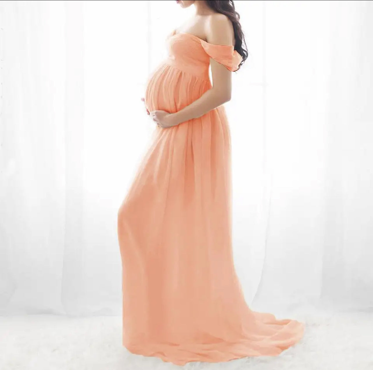 Maternity Off Shoulder Chiffon Gown, Lace Split Front, Maxi Dress