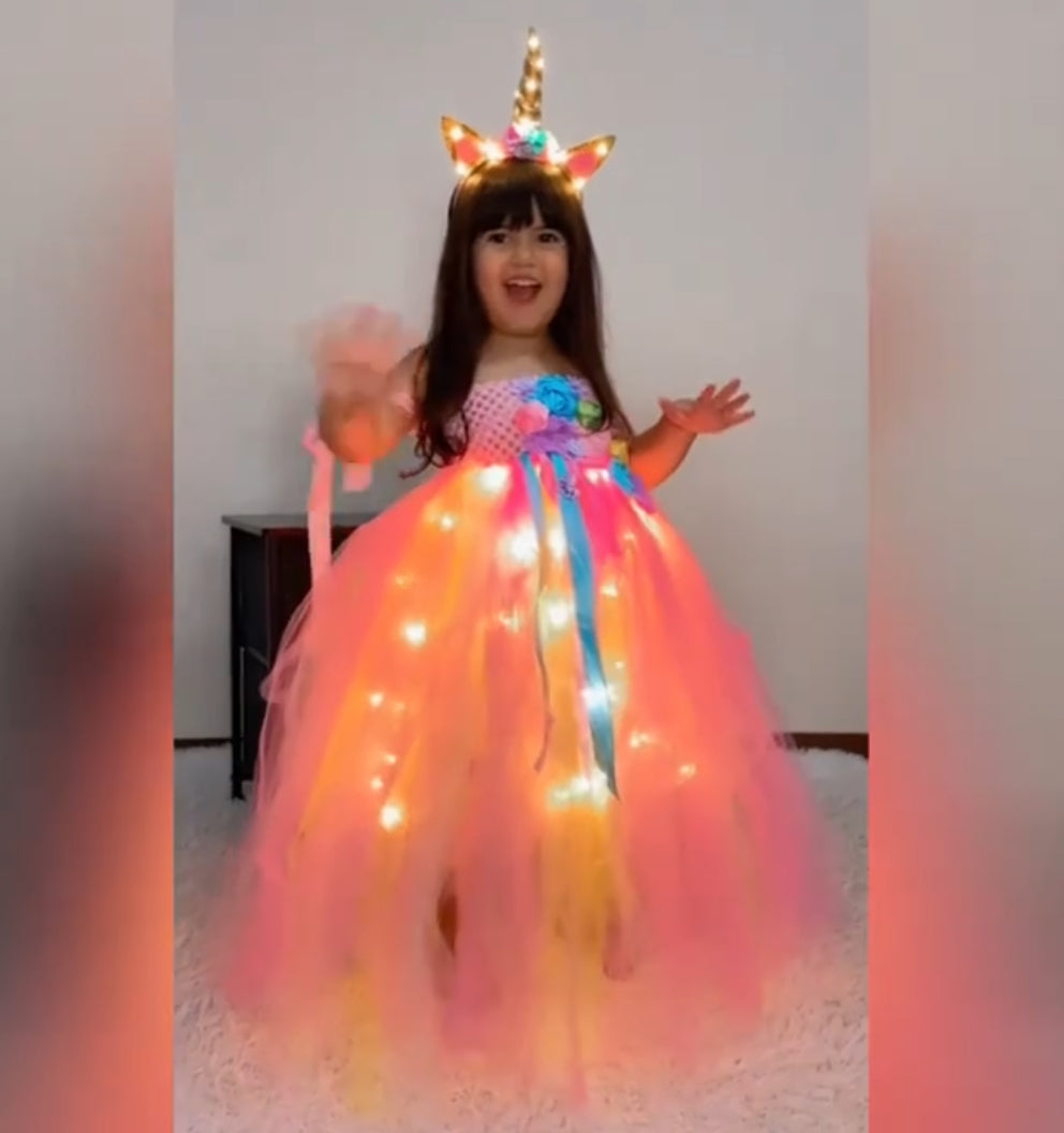 Rainbow Unicorn LED për vajza, kostume elegante të Princeshës TuTu (Nuk përfshihen bateritë)