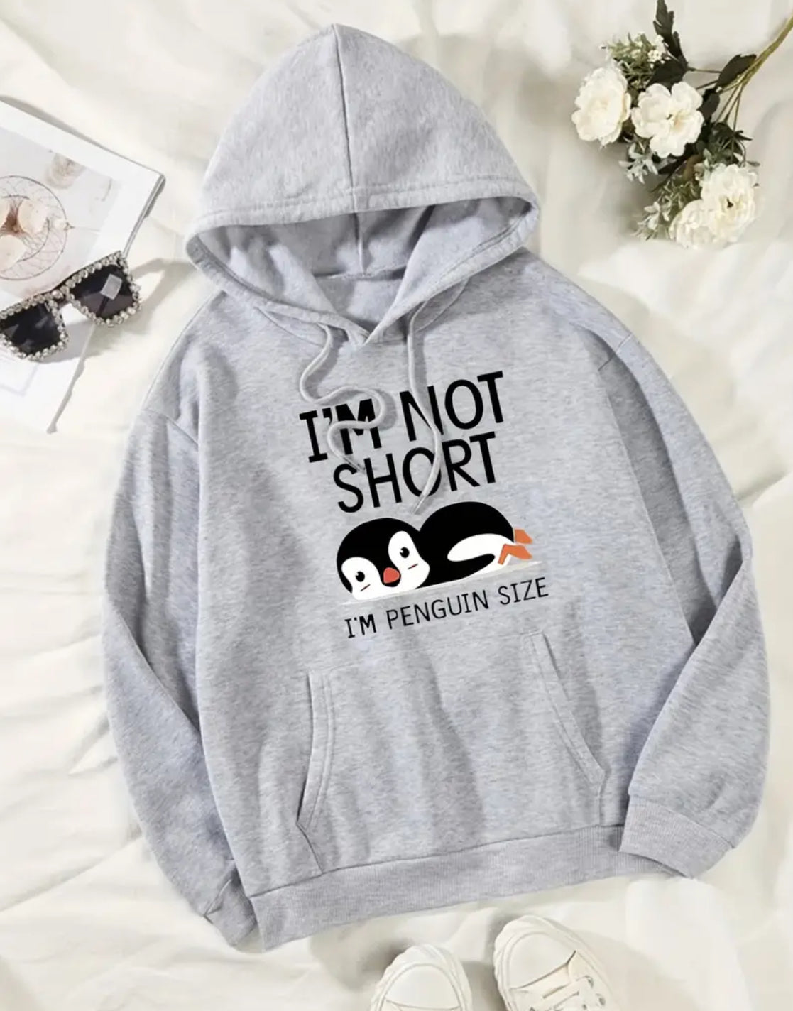 “I’m Not Short” Penguin, Casual Comfy Kangaroo Pocket & Long Sleeves Hoodie Sweatshirt, Women’s S-2XL