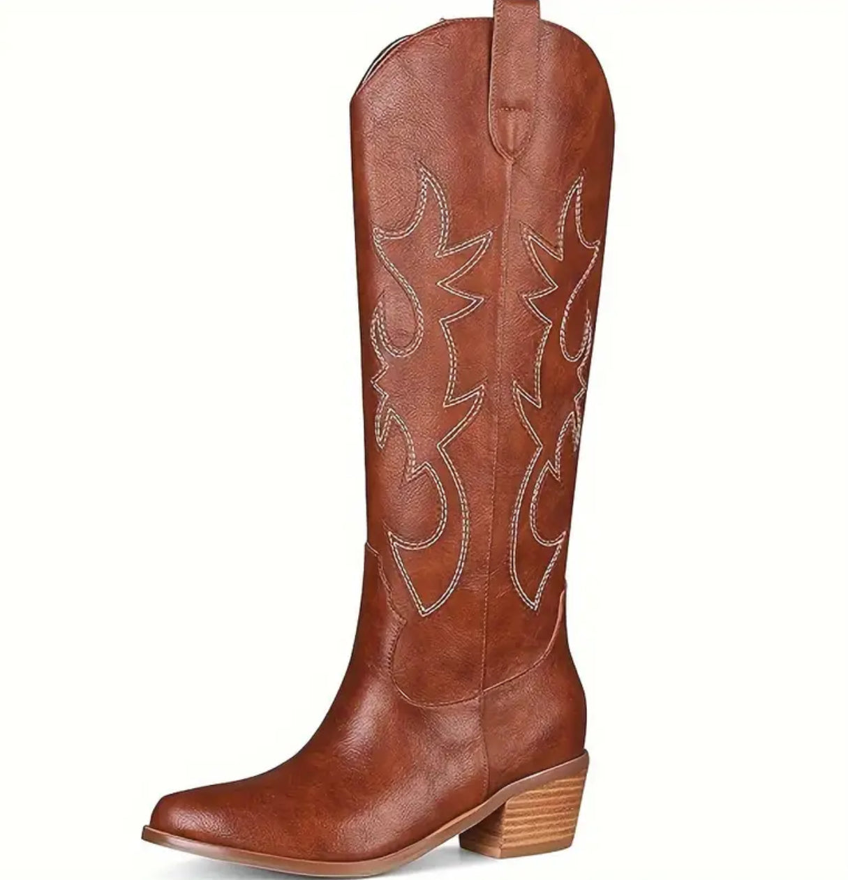 “Western Cowgirl” Knee High, Wide Calf Pull On Chunky Stacked Heel Boots