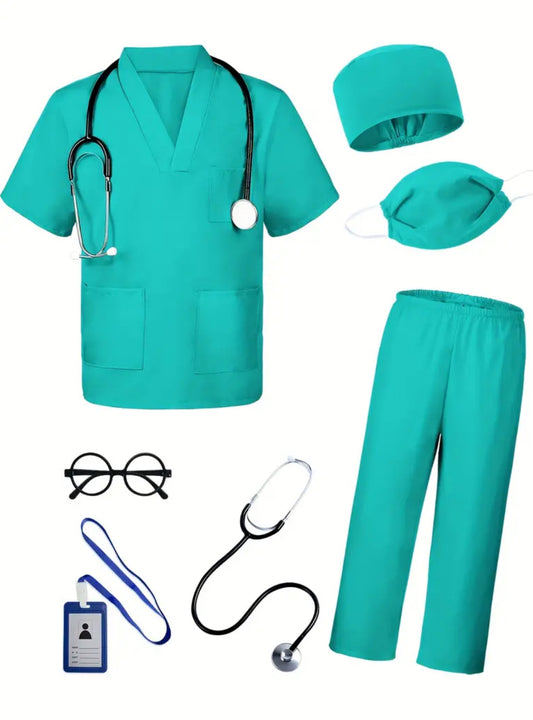 Kids Doctor Gown Costume, V-neck Top, Pants And Accessories