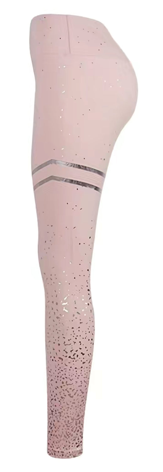 Gold Shimmer, High-Performance Stripe Powder Pink Leggings for Women