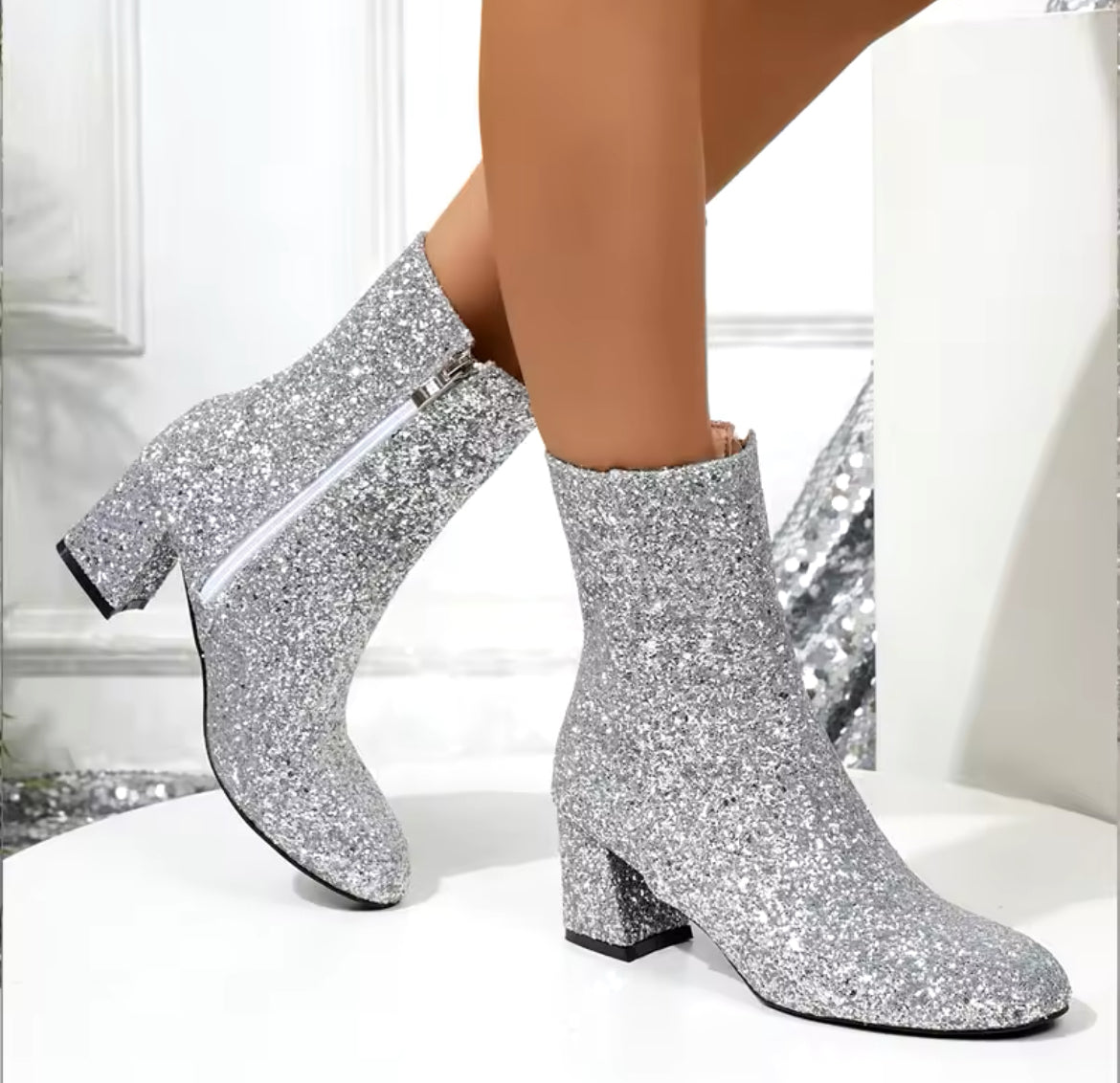 “Beverly Glitter” Round Toe, Chunky Heels Ankle Boots