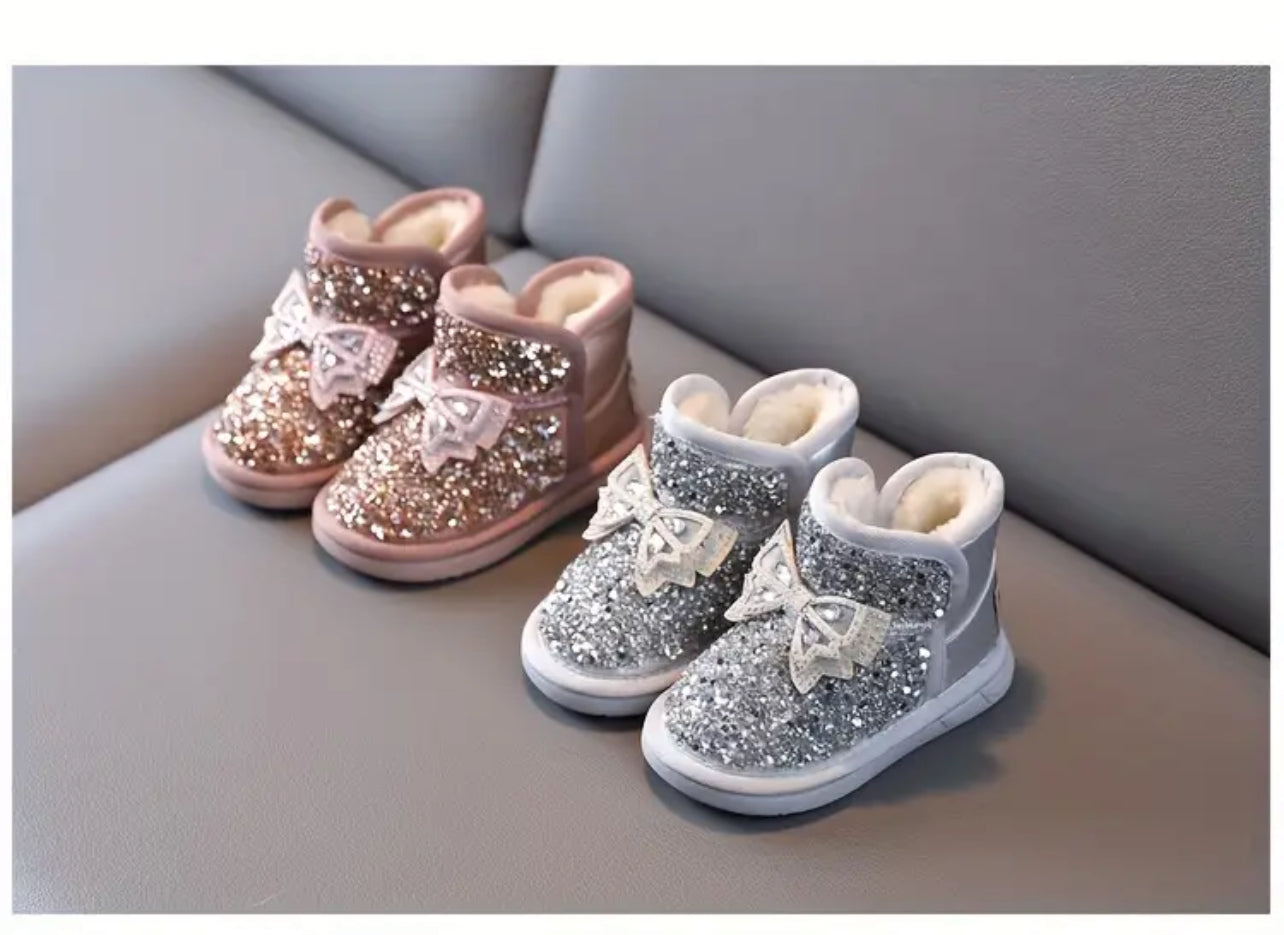 Girls Glitter Bowknot Sequin, Snow Fleece Boots