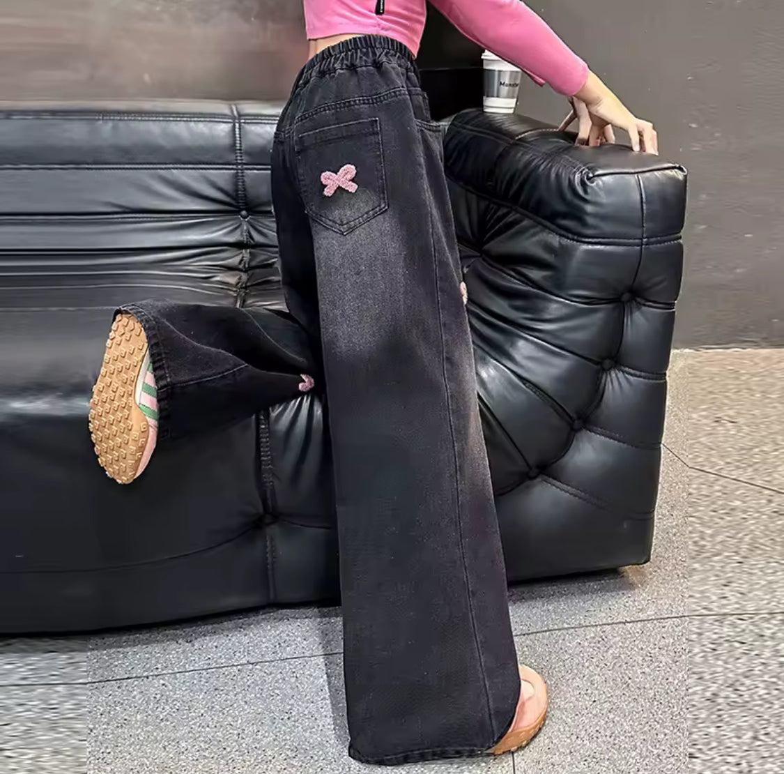 ‘I’M JUST A GIRL’ Pink Ribbons Black Jeans