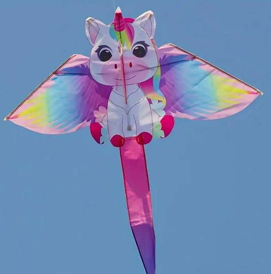 Colorful Unicorn Kite- Easy to Fly, Durable Polyester. Kite String, Instruction Manual & Storage Bag Included