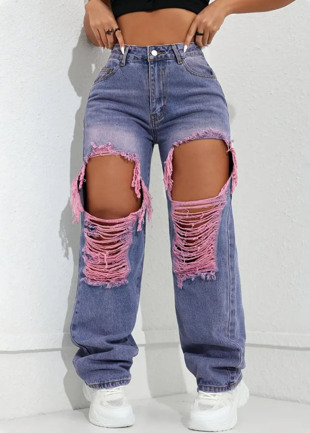 “Pink Denim” High-Waist Baggy Ripped Jeans - Straight Leg, Tummy Control, Fashionable Light Blue Denim, Casual Streetwear