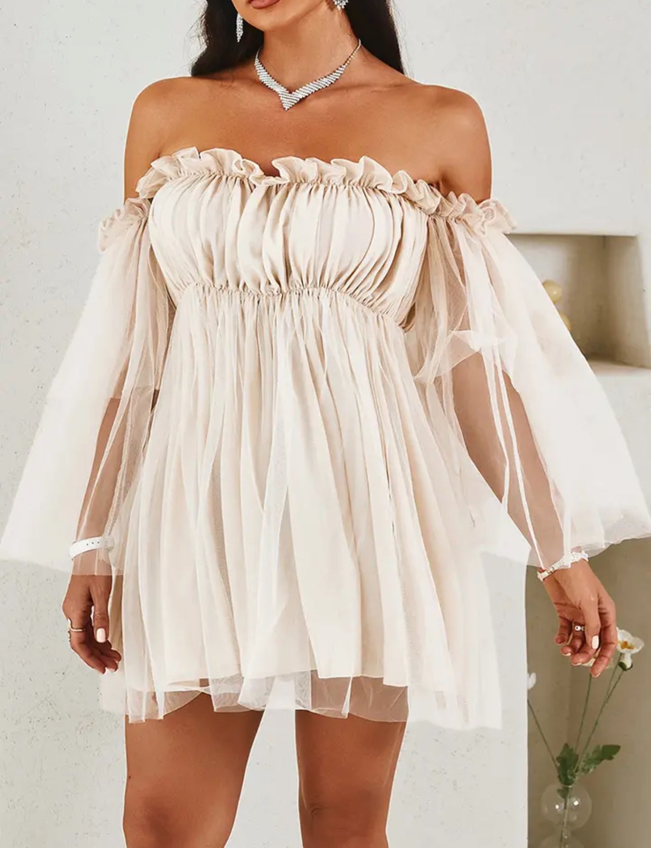 Off Shoulder Frill Trim Sheer Mesh Swing Dress