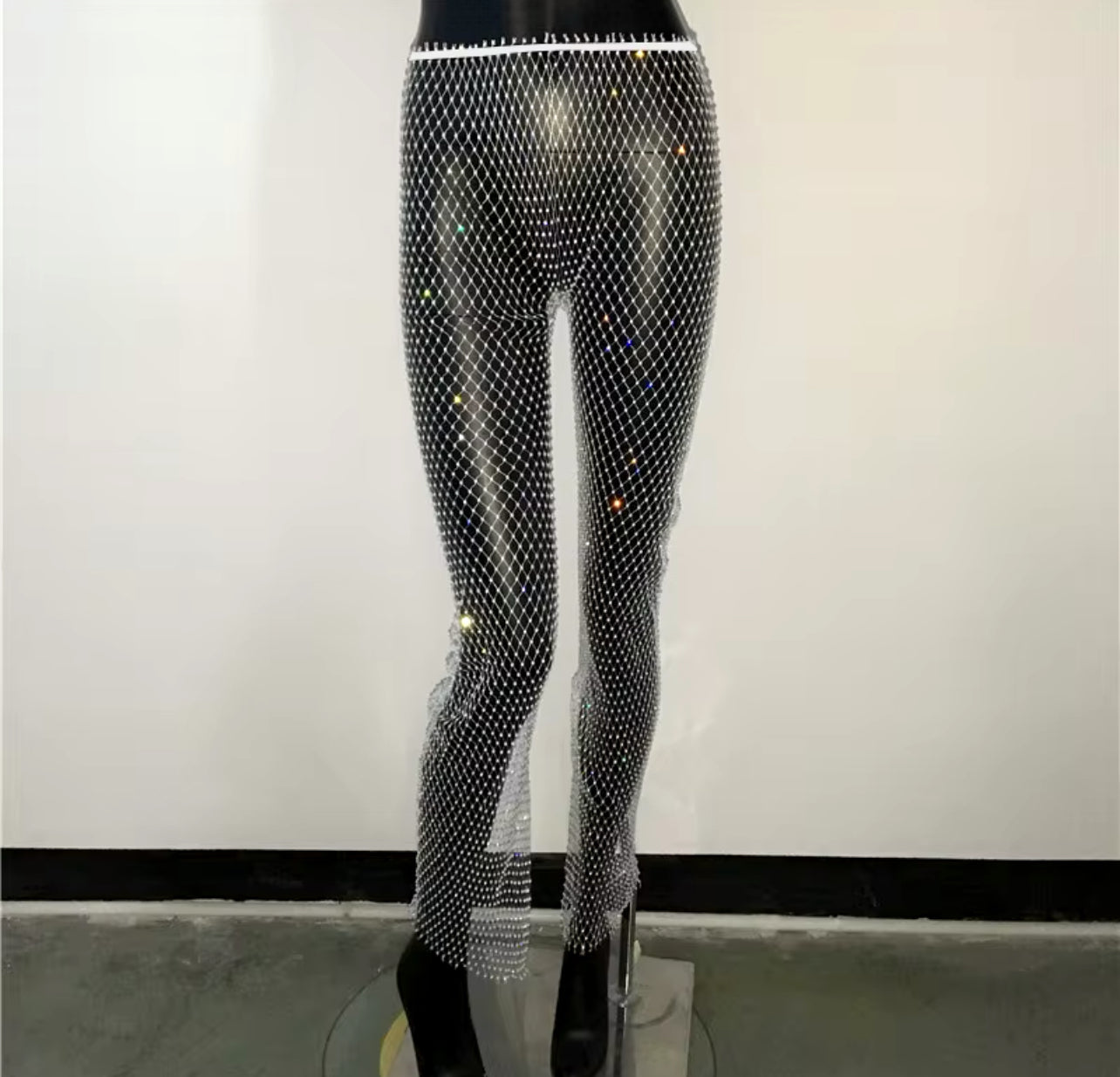 “TAO Rhinestones” Sexy Fishnet Sparkling ClubWear Pants, See Through, Wide Leg