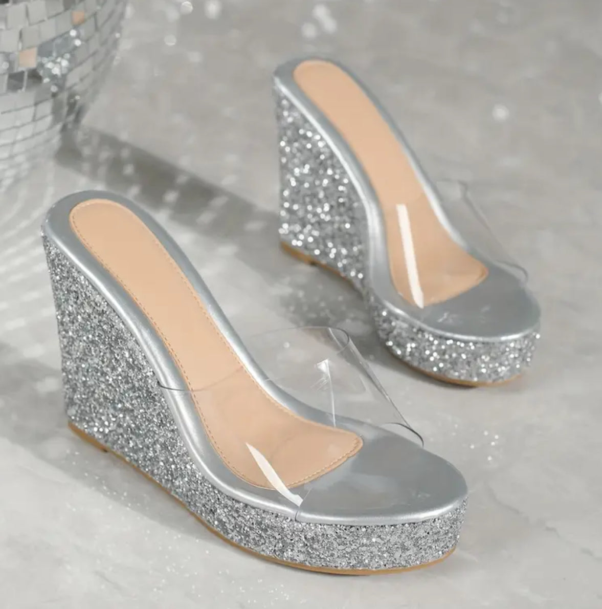 “Ellie” Sequin, Transparent Peep Toe Slip On Wedge Platform