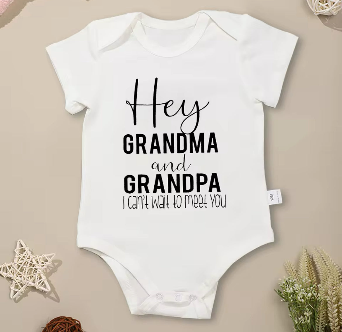 “Hey Grandma and Grandpa I Can't Wait To Meet You” Infant Onesie, 100% Cotton