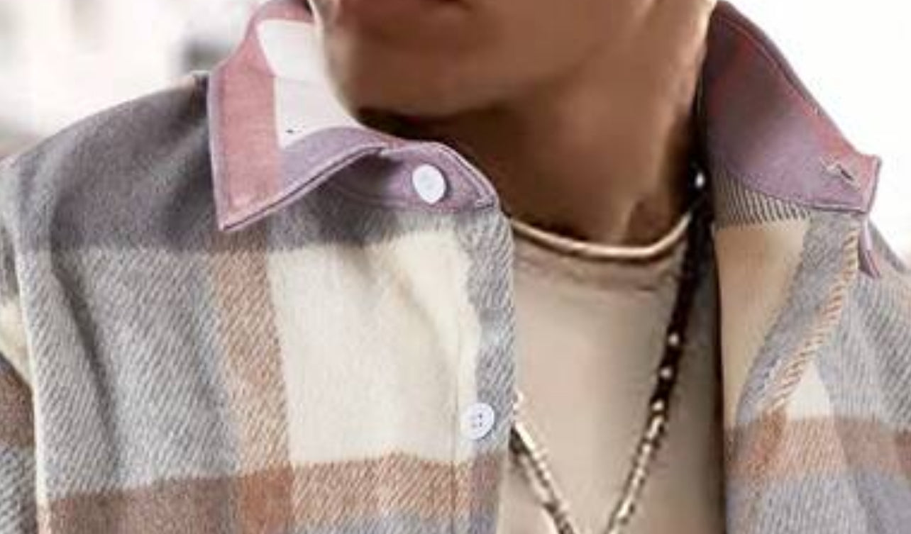 “So Handsome” Plaid Flannel Print, Flap Pocket Jacket, Tan and Touch of Lavender on Collar