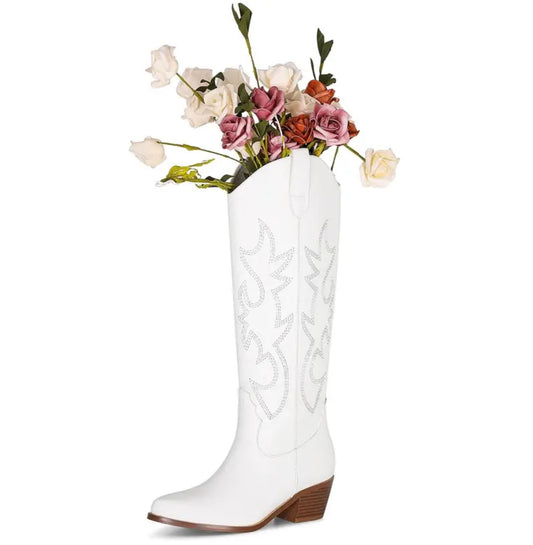 “Western Cowgirl” Knee High, Wide Calf Pull On Chunky Stacked Heel Boots