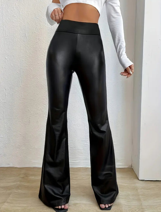 Glossy Black Matte High Waist Flare Leg Pants