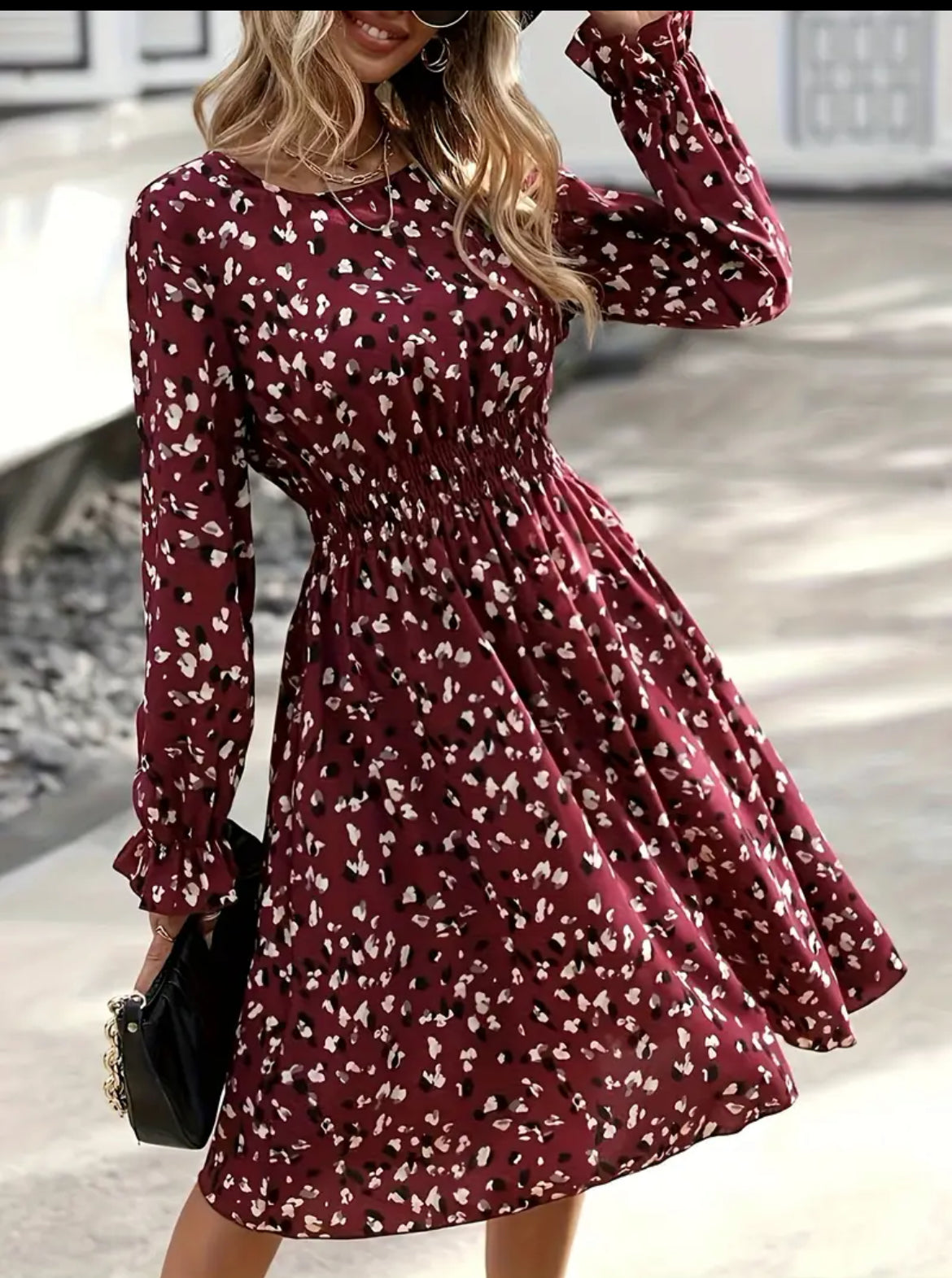 Burgundy Wine Shirred Waist, Elegant Long Sleeve Dress