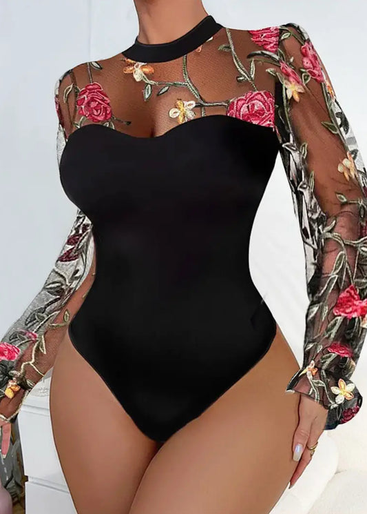 Bodysuit elegant me qëndisje me lule në qafë - me mëngë të gjata