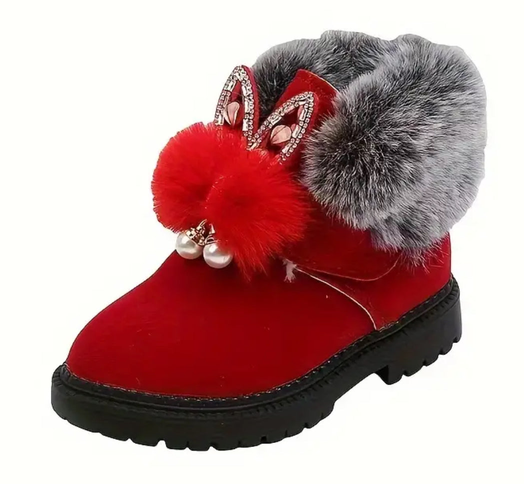 Girls “Bunny Boots” Soft-sole Non Slip Warm Ankle Booties With Fuzzy Lining