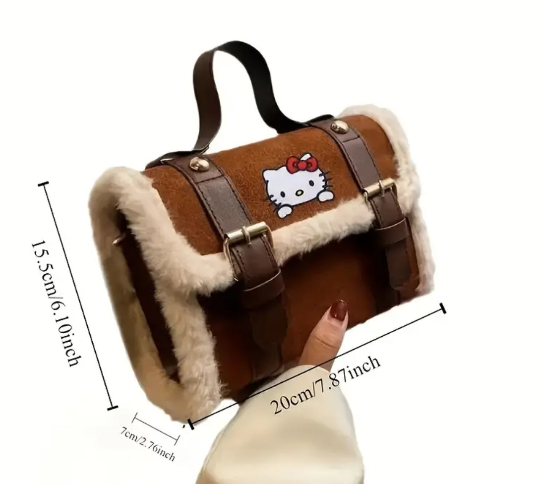 “Chic Hello Kitty” Plush Crossbody Bag, Adjustable Strap, Durable PU Lining, Faux Fur