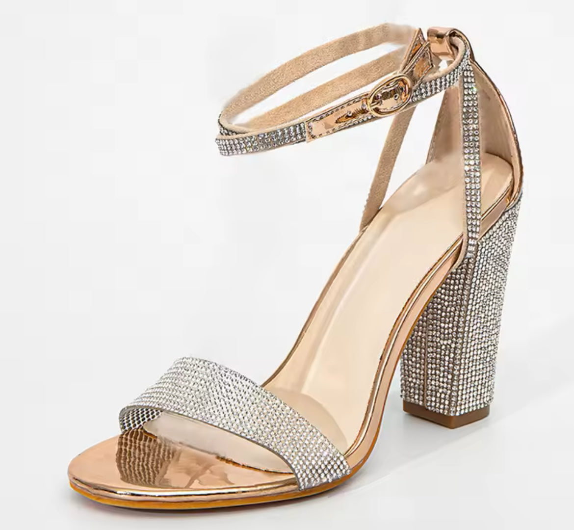 Glitter Rhinestones, Women’s Square High Heels with an Open Toe Crystal Ankle Strap