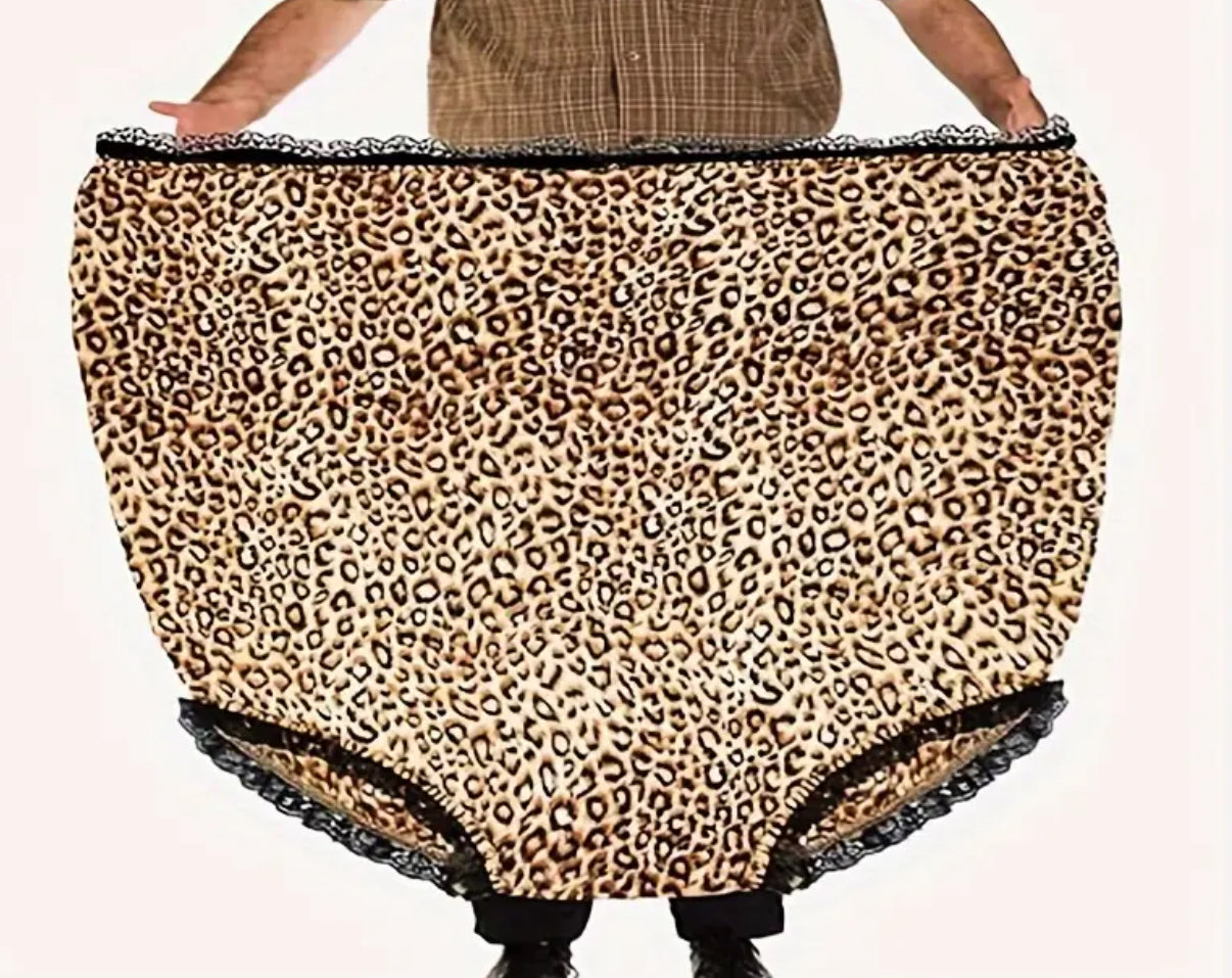 Granny Panties, Novelty Oversized with Leopard Print & Black Lace Trim, Unisex Joke