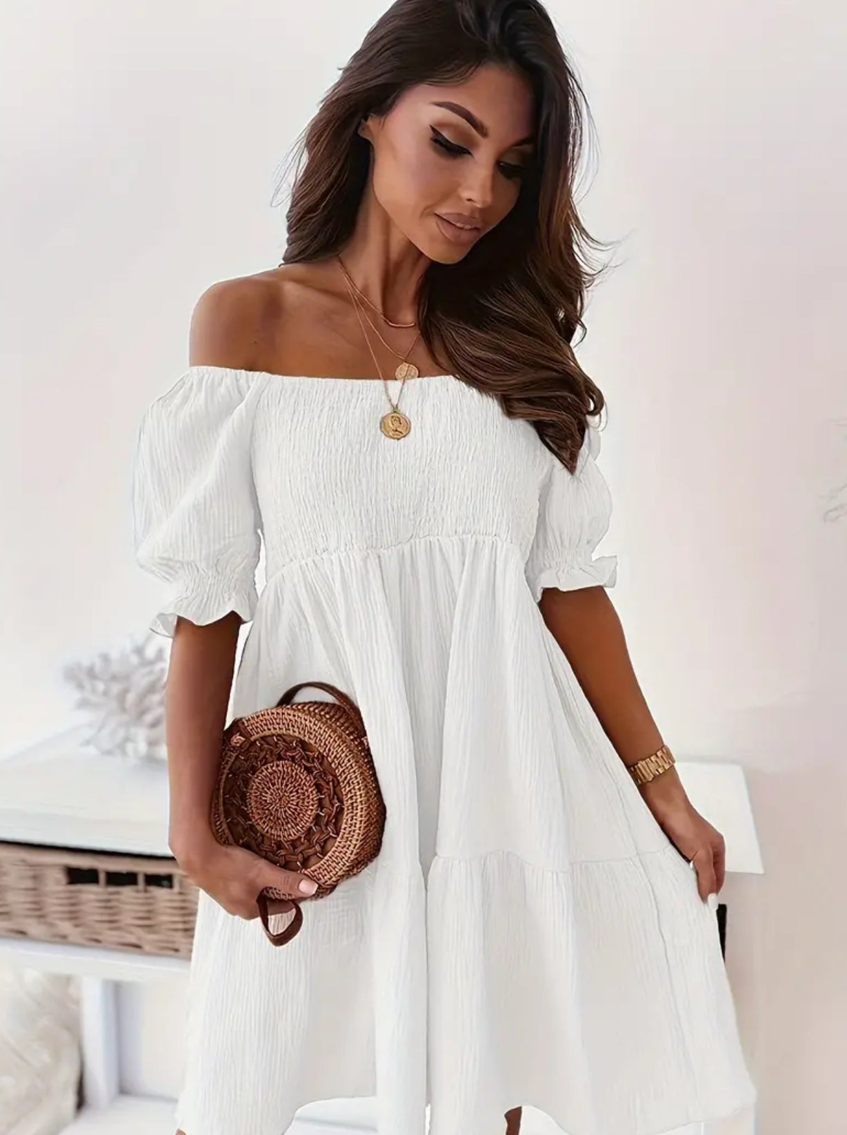 “Juliet” Off Shoulder Smocked, Loose Casual Dress