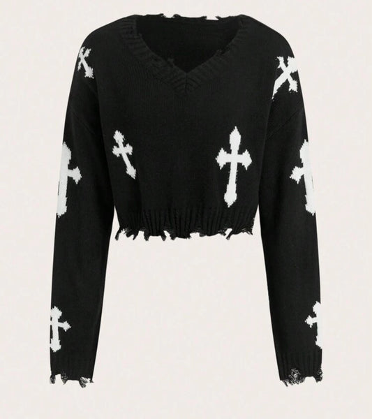 Cross Pattern, Distressed, Drop Shoulder, Sweater