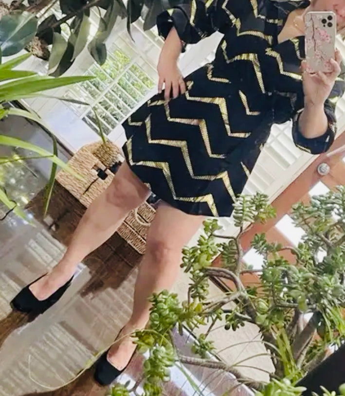 Vibrant Chevron 🤎🖤 Print Mini Casual Half Sleeve Tie Waist Dress