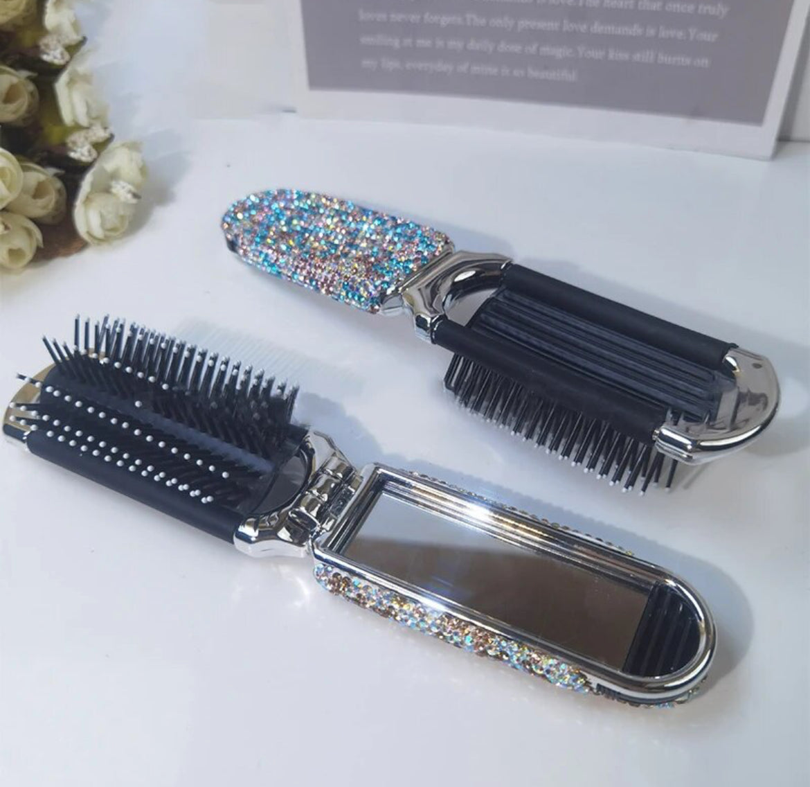 Rhinestone Air Cushion Travel Foldable Comb, Mirror, 2in1