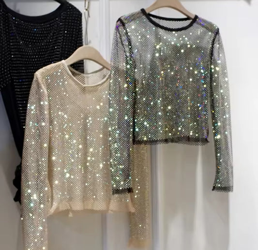 “Starlight” Rhinestone Round Neck Long Sleeve, Hollow Blouse