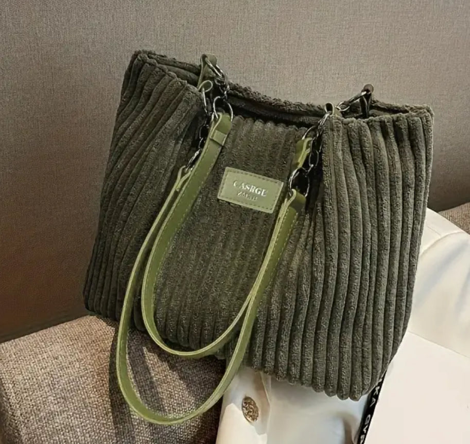 “Soft Lilibeth” Striped Corduroy Shoulder Bag with Chain Detail, Large Capacity Handbag, Soft Feel, Crossbody Carry,