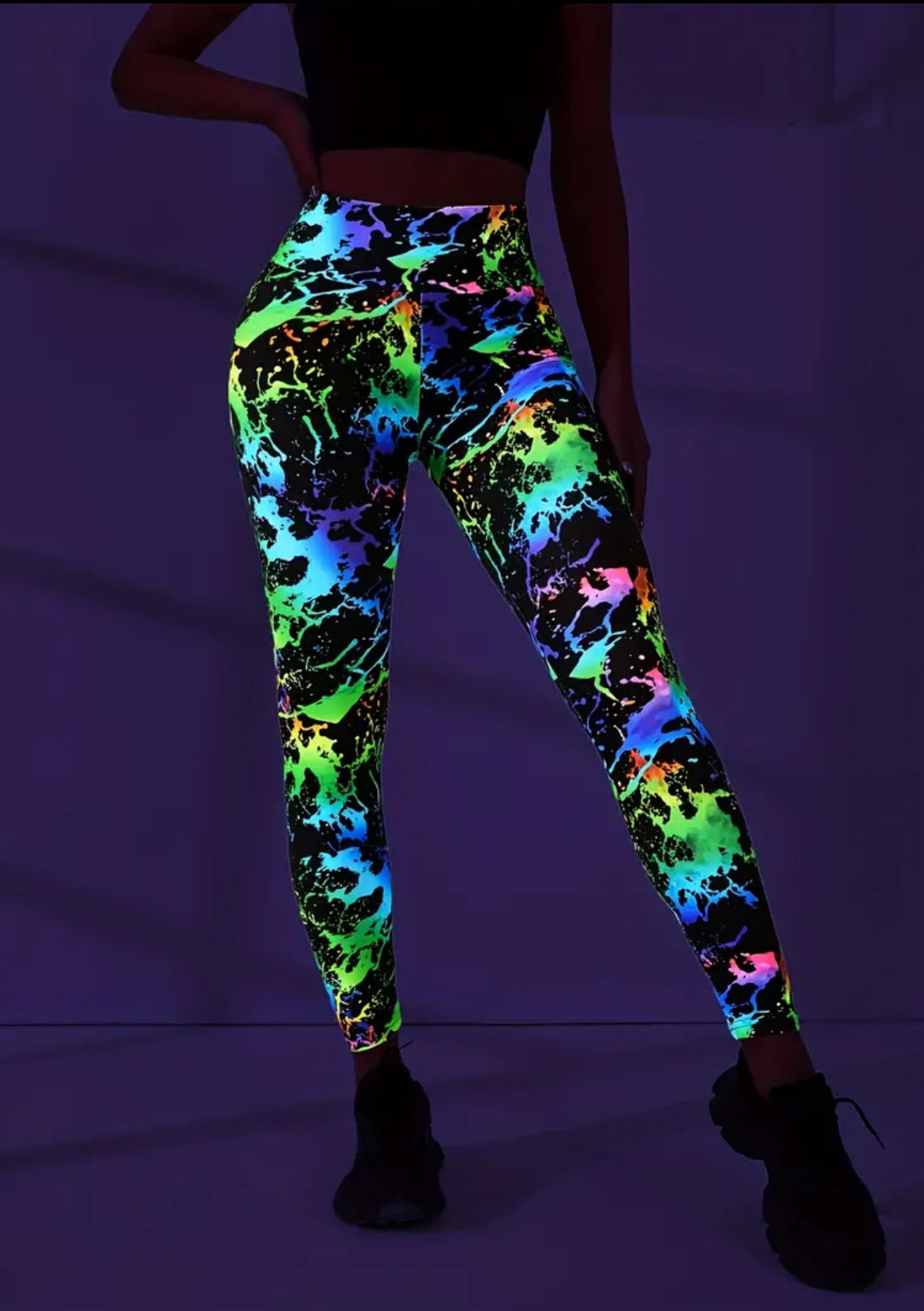 High-Waist Fluorescent Print Leggings, Yoga Butt Lift Pants, Breathable Sportswear