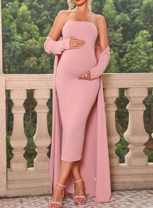 Baby 🌙🌟 Bumps Maternity Collection, Elegant Blush 🎀Women's Maternity 2Pcs Set, Cardigan & Off Shoulder Dress Set