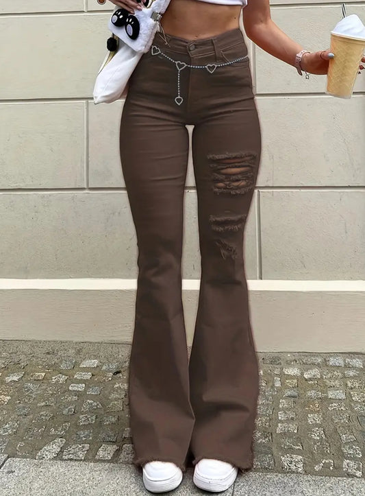 Brown Retro Distressed Details, Vintage Inspired, High-Waist Ripped Flare Jeans