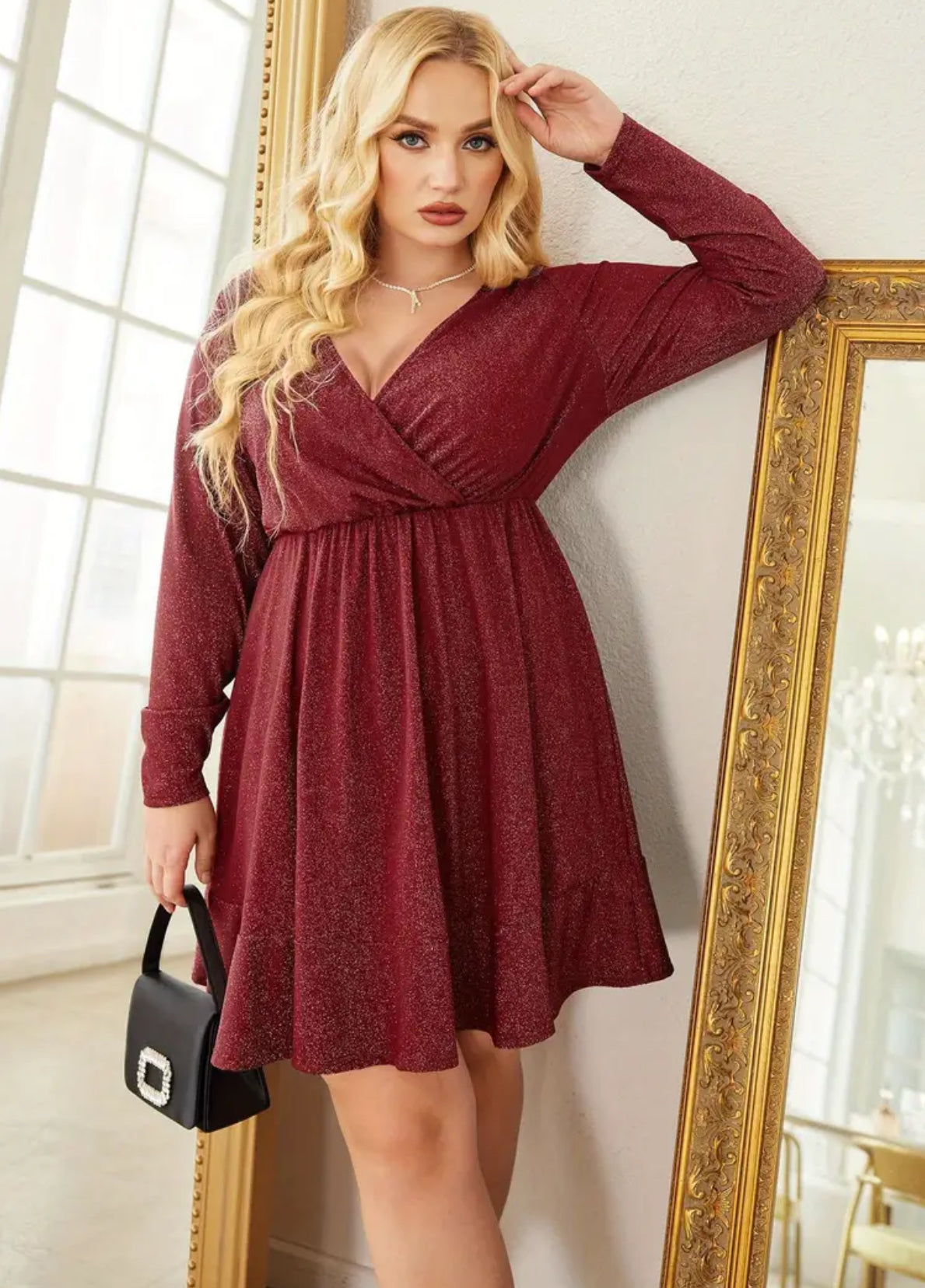 ELESOL  Plus Size Womens Glitter Dress V Neck Long Sleeve Ruffle Hem Swing Club Cocktail Party Dresses