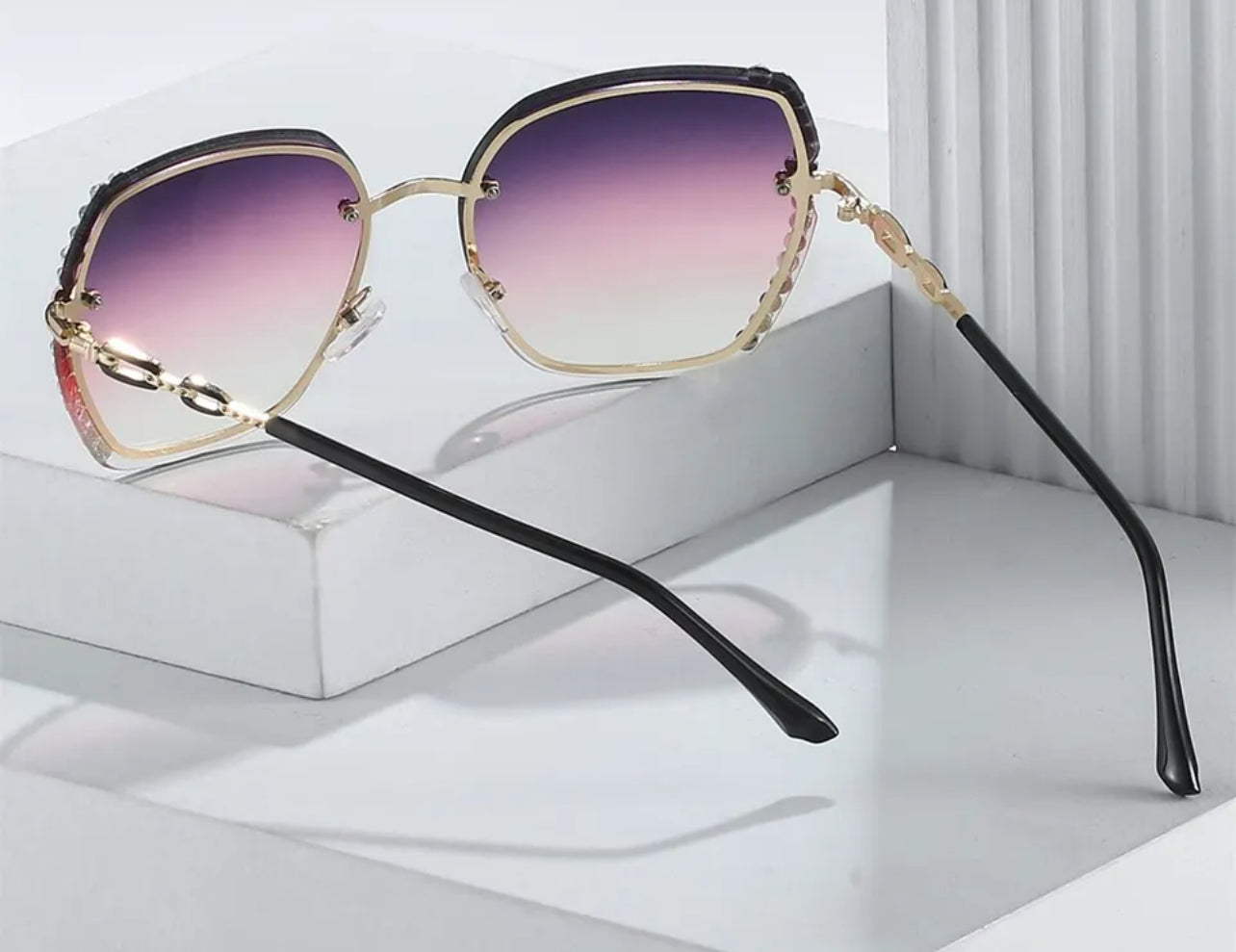 Rhinestone Rimless Fashion Sunglasses, Casual Gradient UV400