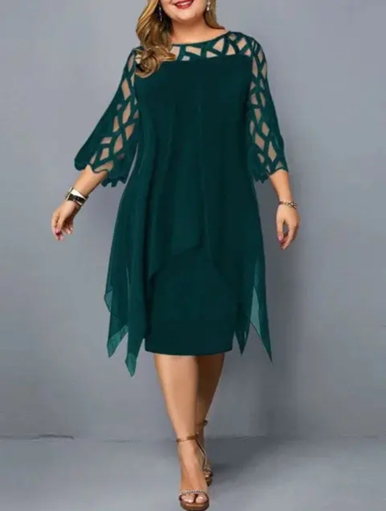 Minivestido elegante, cuello redondo, mangas de encaje, hasta 6XL