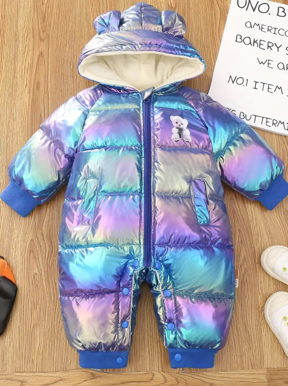 “Baby Bear” 🐻 Holographic Snowsuit, Puffer Coat with Hood and