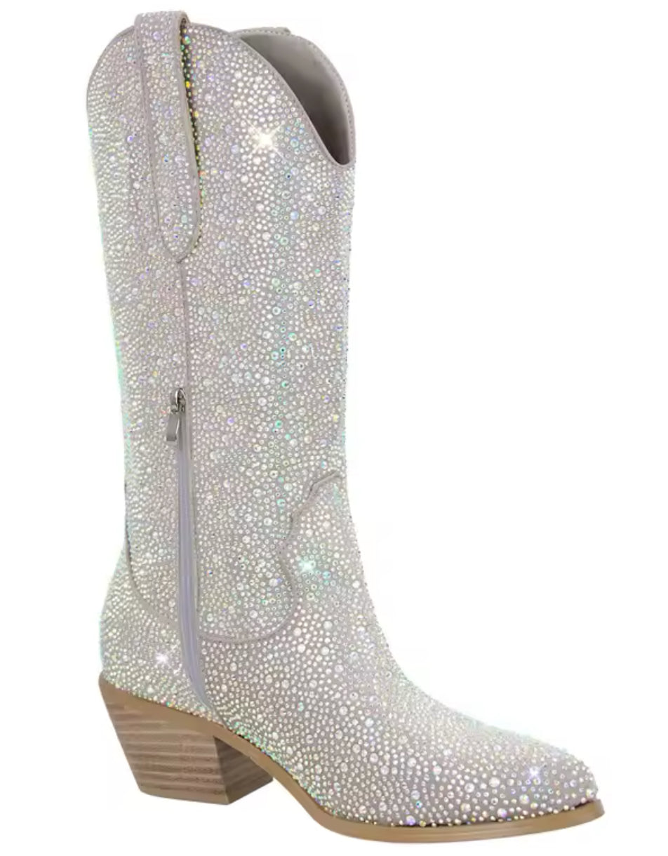 “Western & Rhinestones” Cowboy Boots, Stacked Block Heel, Mid Calf, Zipper Closure, PU Faux Leather Upper