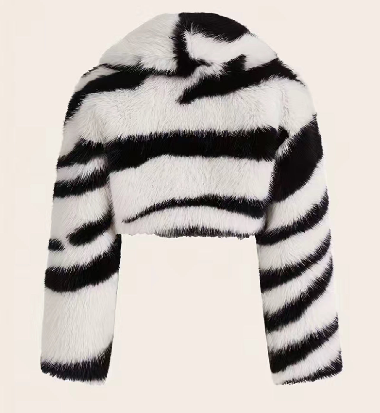 Elegant Striped Pattern Open Front Crop Jacket, Lapel Neck, Faux Fur