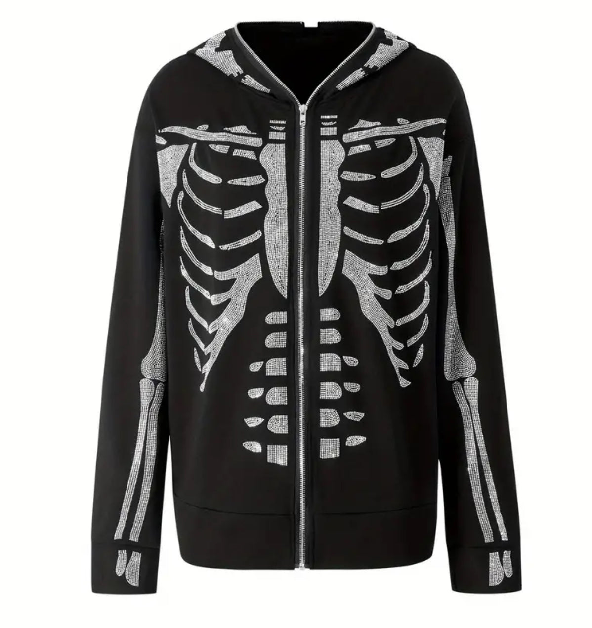 “Rhinestones & Skeleton’s”  Full Zip Up Hoodie, Long Sleeve Sweatshirt