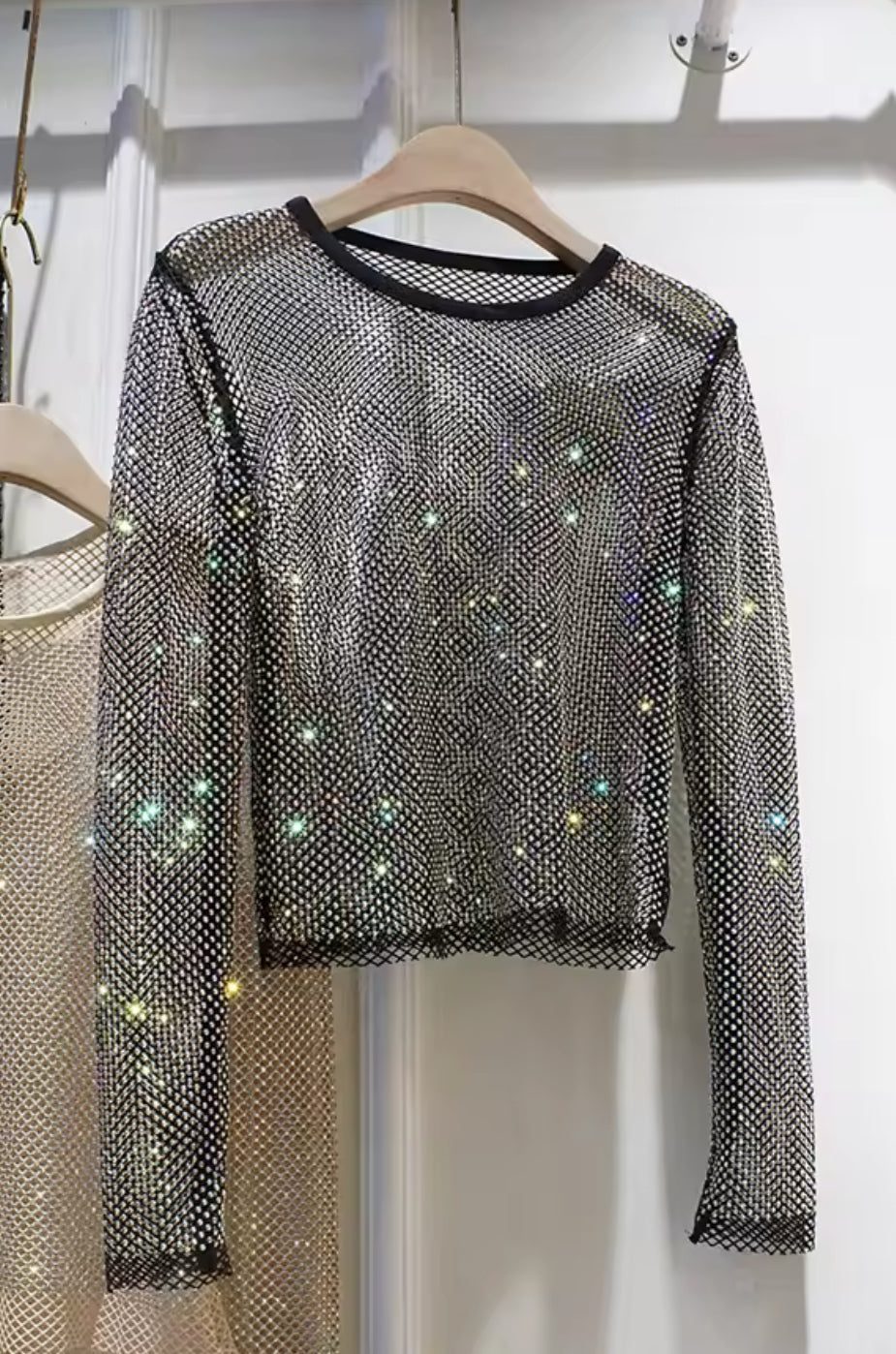 “Starlight” Rhinestone Round Neck Long Sleeve, Hollow Blouse