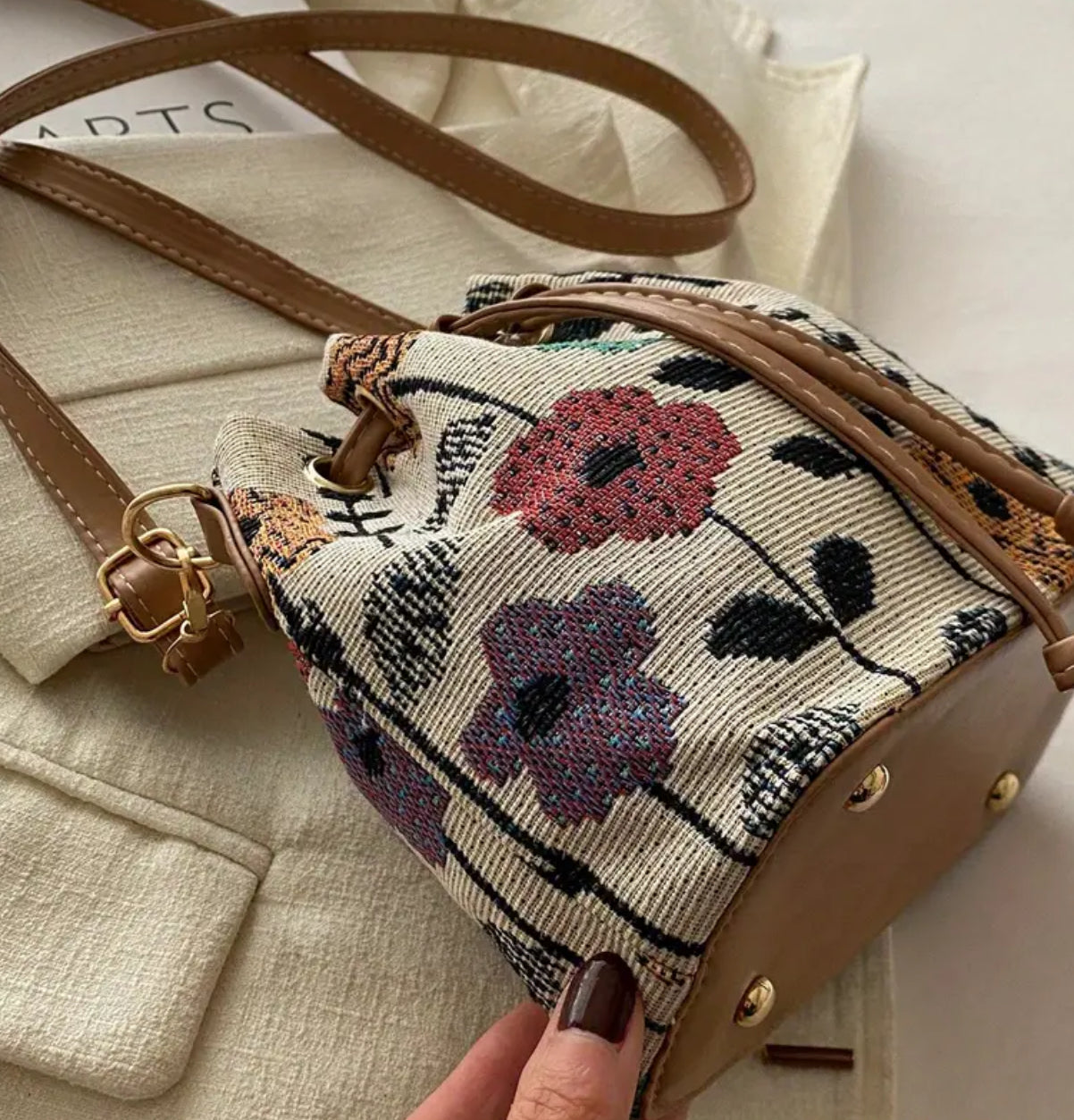 “Elegant Flower” Mini Drawstring, Fabric, Crossbody Bag