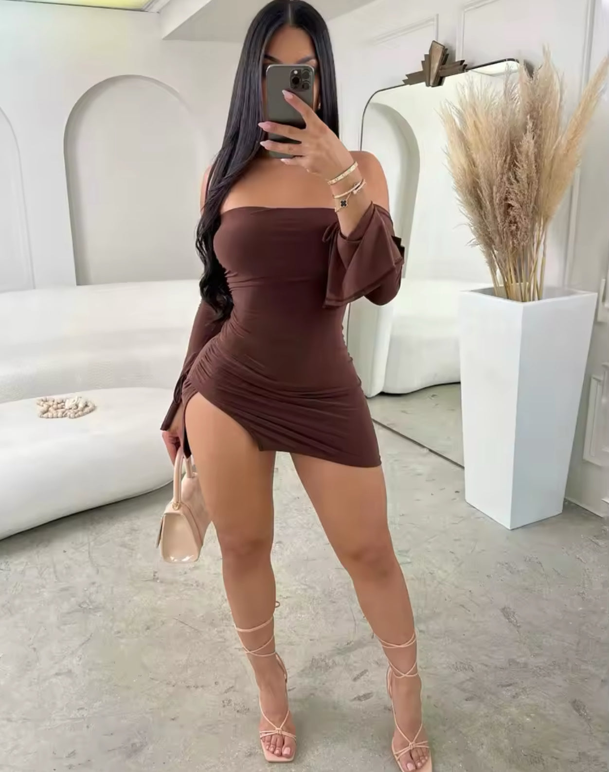 Club Dress Bodycon, Strapless Backless Mini Dress, Off-Shoulder Long Sleeve